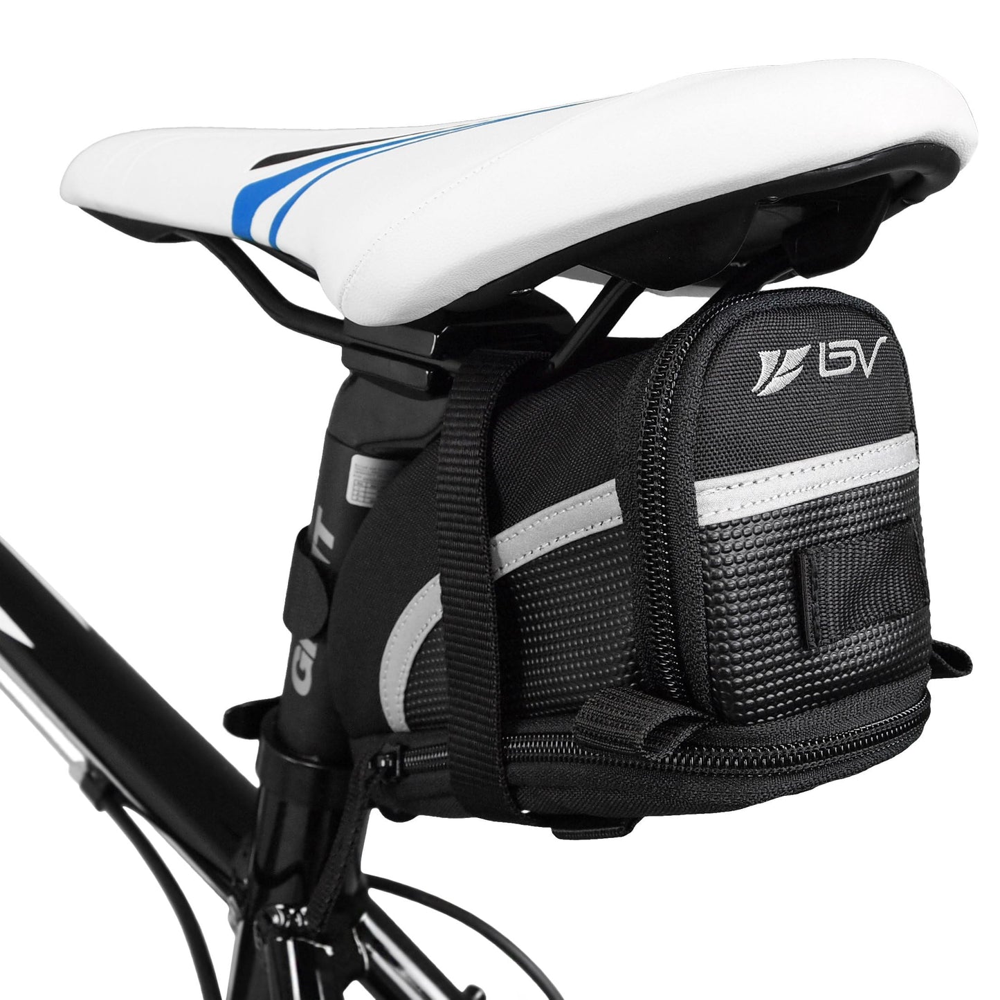 BV Strap-On Bike Bag with Reflective Material - Saddle Bag with Seperate Divider for Small Items for All Your Essentials - Bike Pouch with Taillight Hanger for Maximum Safety (Cycling Bag, Medium)