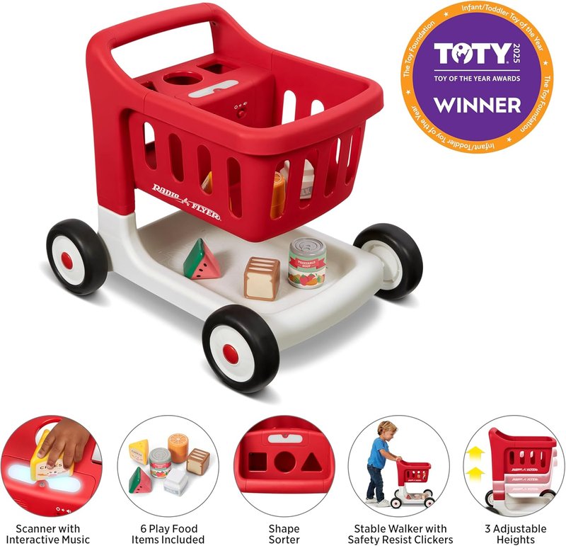 Interactive Baby Walker - Radio Flyer Scan & Sort Shopping Cart for Kids 1+ | Red with Lights & Play Food Items
