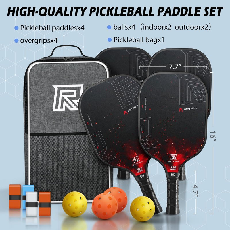 Ritzmed USAPA Approved Pickleball Paddles Set of 4 - T-300 Carbon Fiber Hybrid for Soft Touch & Control - Quiet Lightweight Core - Complete Starter Kit with Bag & Balls for Family & Beginners