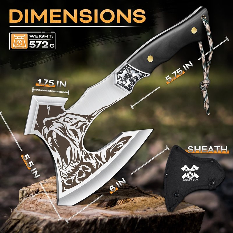 Grumpy Bear Tactical Axe, Camping Survival Hatchet, Full Tang Tomahawk with Sheath, Multifunctional Outdoor Hiking Heavy Duty Hatchet for Emergency, Hiking and Camping, for Men Women