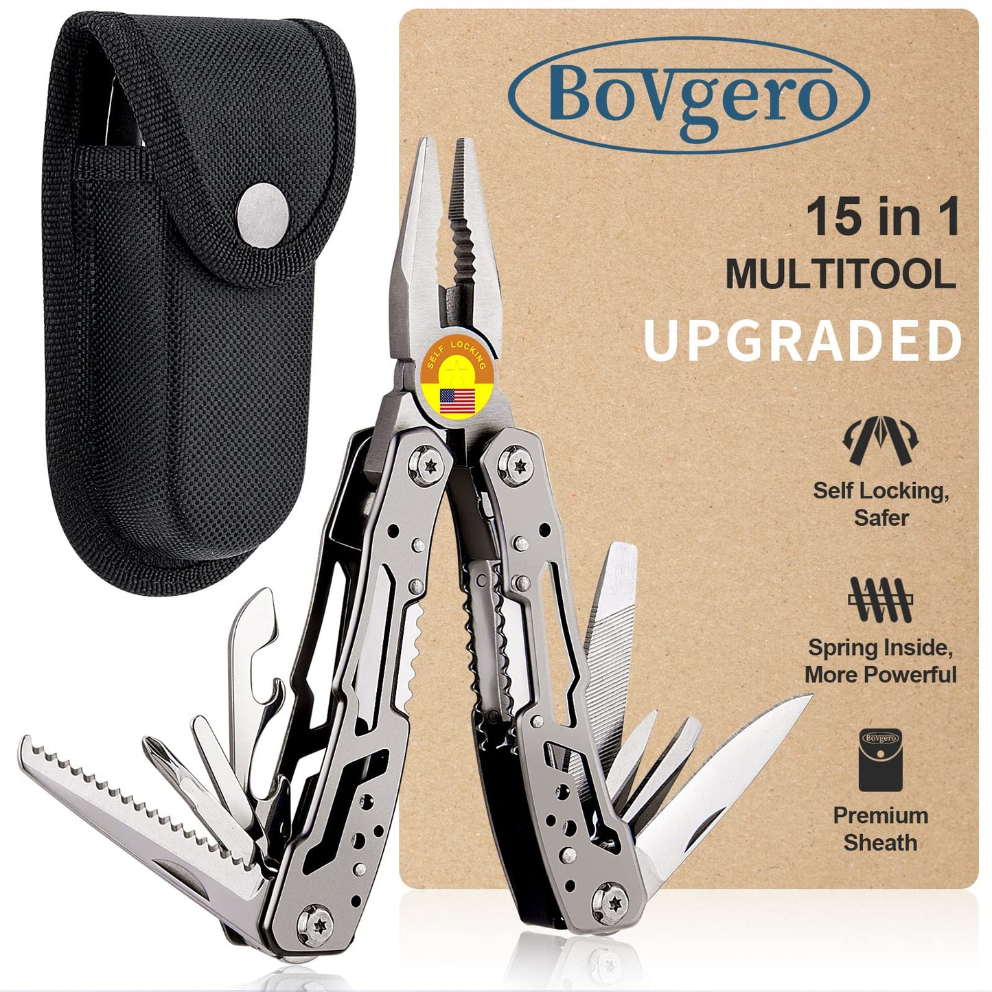 Bovgero Self Locking Multitool Plier, 15 in 1 Handmade Multi Tool Plier with Nylon Sheath, Spring Inside Multi-tool, Birthday Christmas Father's Day Gift for Men Women Him Her Husband Boyfriend