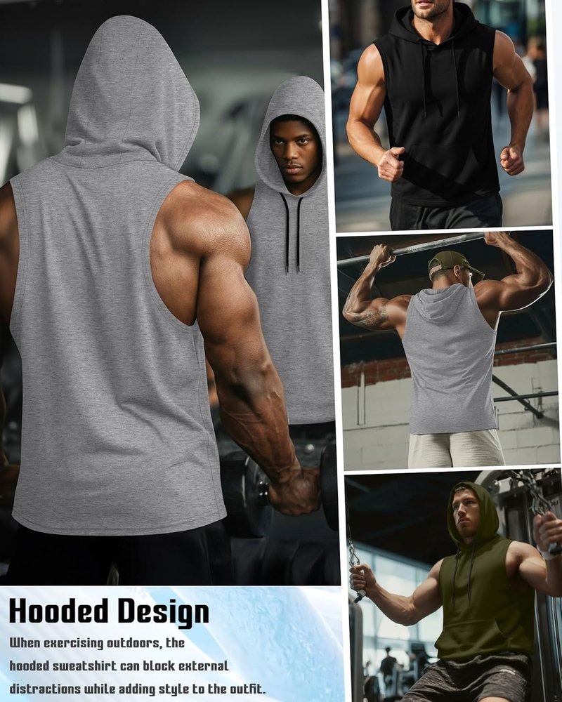 Men's Hooded Tank Tops - 3 Pack Workout Sleeveless Gym Hoodies for Bodybuilding | Comfortable Fit