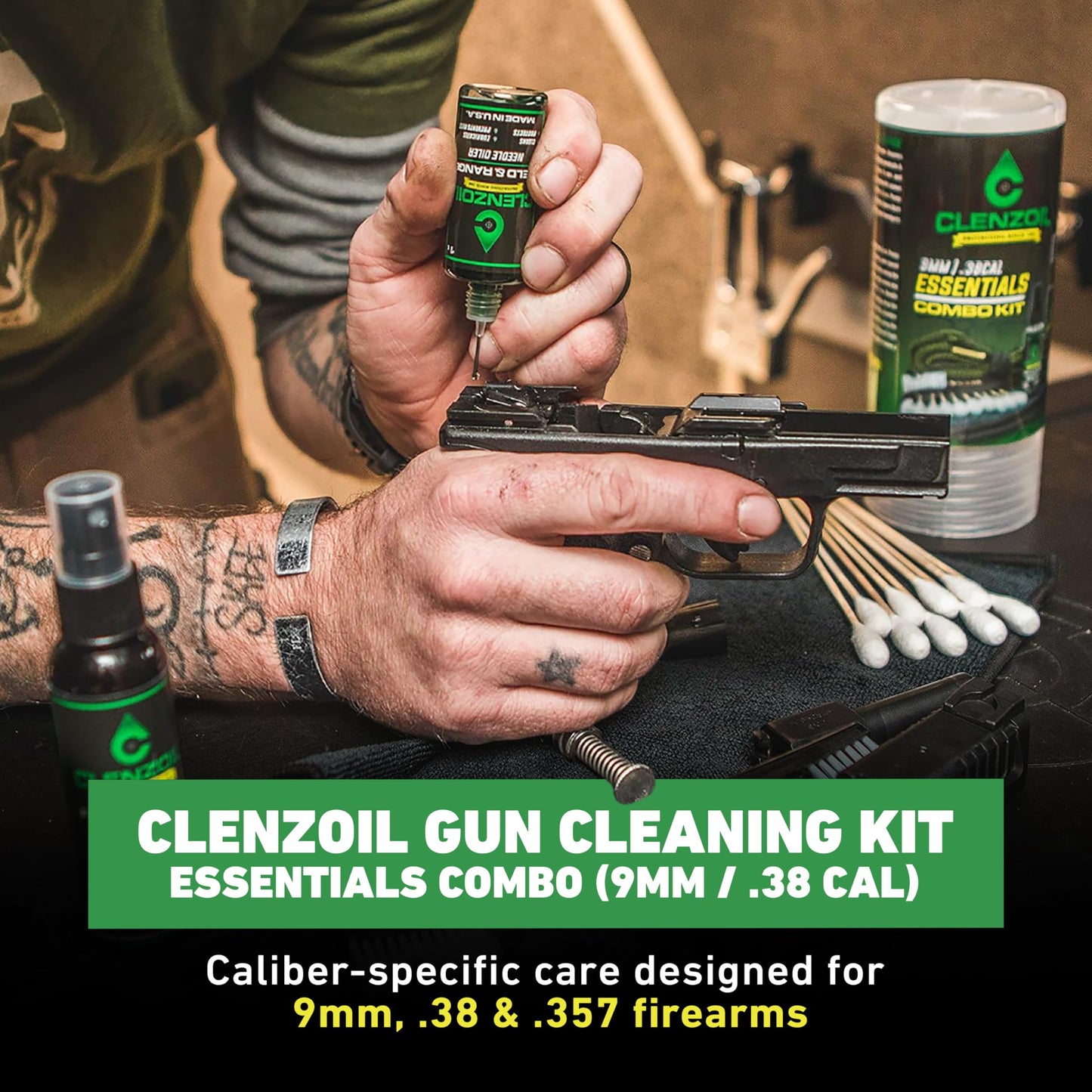CLENZOIL Field & Range Pistol & Rifle Essentials Gun Cleaning Kit | CLP Spray & Oiler with Bores Cleaner | Clean, Lubricate & Protect | Nylon Brush, Bore Swabs & Microfiber (9mm | 38 Caliber)
