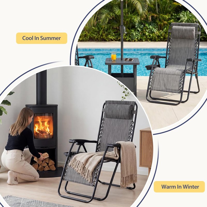 Zero Gravity Chairs - Set of 2 Portable Recliner Beach Lounge Chairs with Cup Holder & Adjustable Pillow | Grey