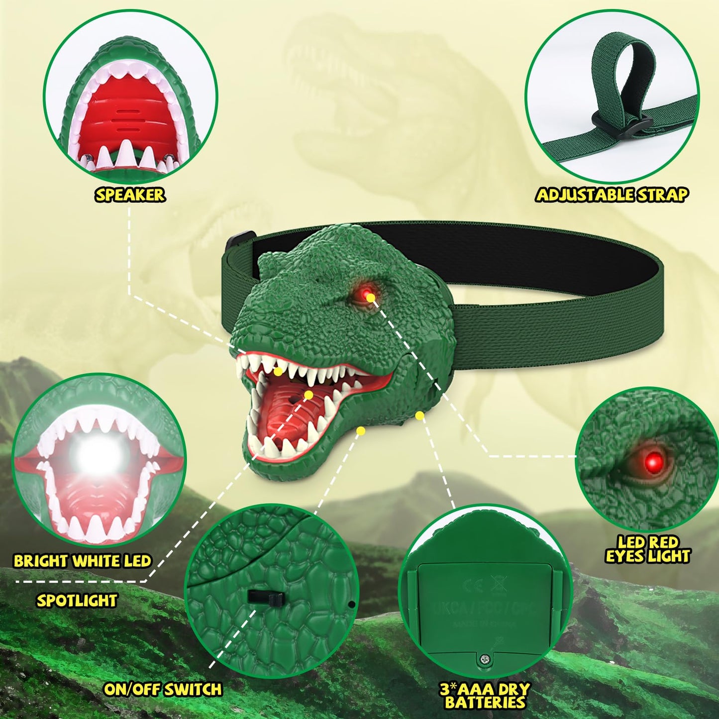 Nitigo Dinosaur Headlamp for Kids Flashlight Led Headlights Roar & Silent Mode, T-Rex Dinosaur Toys, Camping Gear, Gifts for Boys Girls Adults