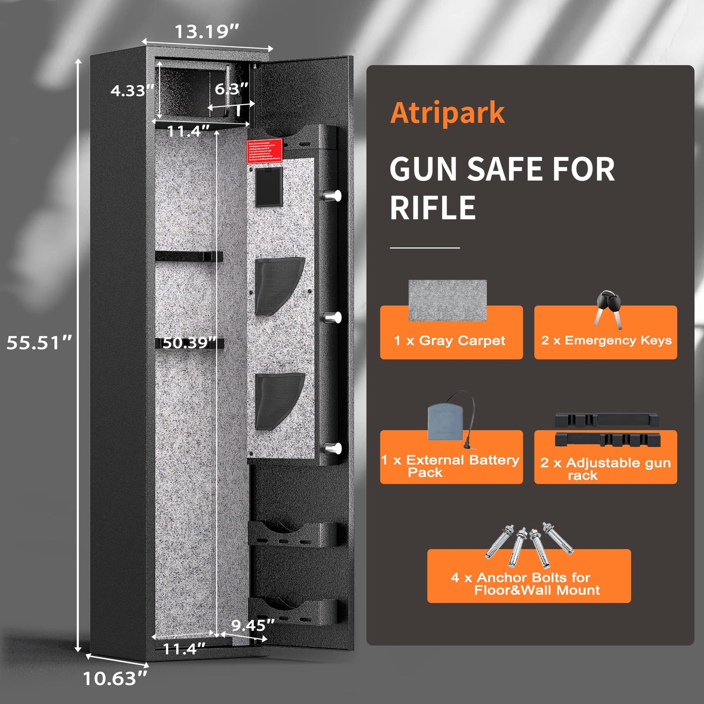 Bonusall Fingerprint Rifle Gun Safe, Large Shotgun Rifle Safe Quick Access, Long Gun Cabinet with Fingerprint Keypad for Home and Pistol, Electronic Gun Locker with 3 Adjustable Shelf, Lock Box