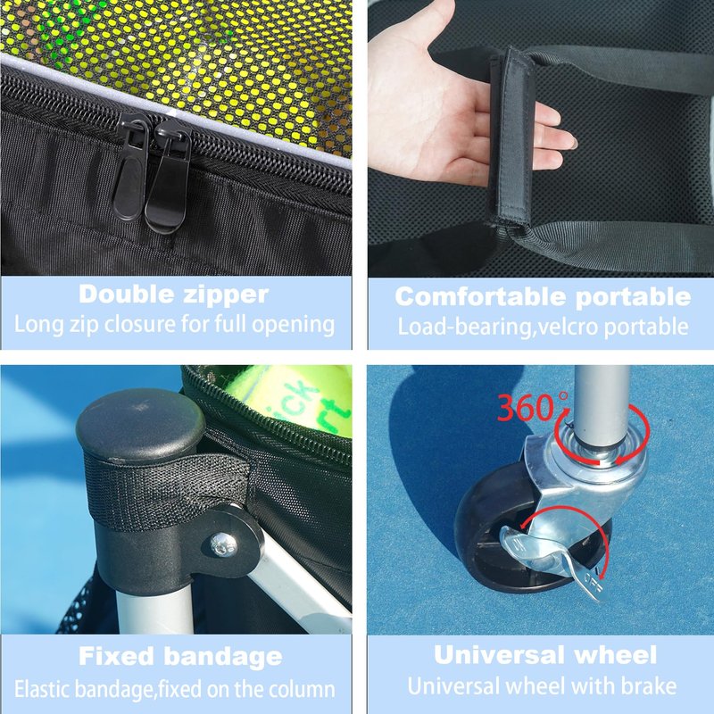 NEESEEYEE Portable Tennis Ball Hopper Tennis Ball Basket with Wheels Basket Hold Up to 160 Racquetball, Pickleball, Baseball, Badminton