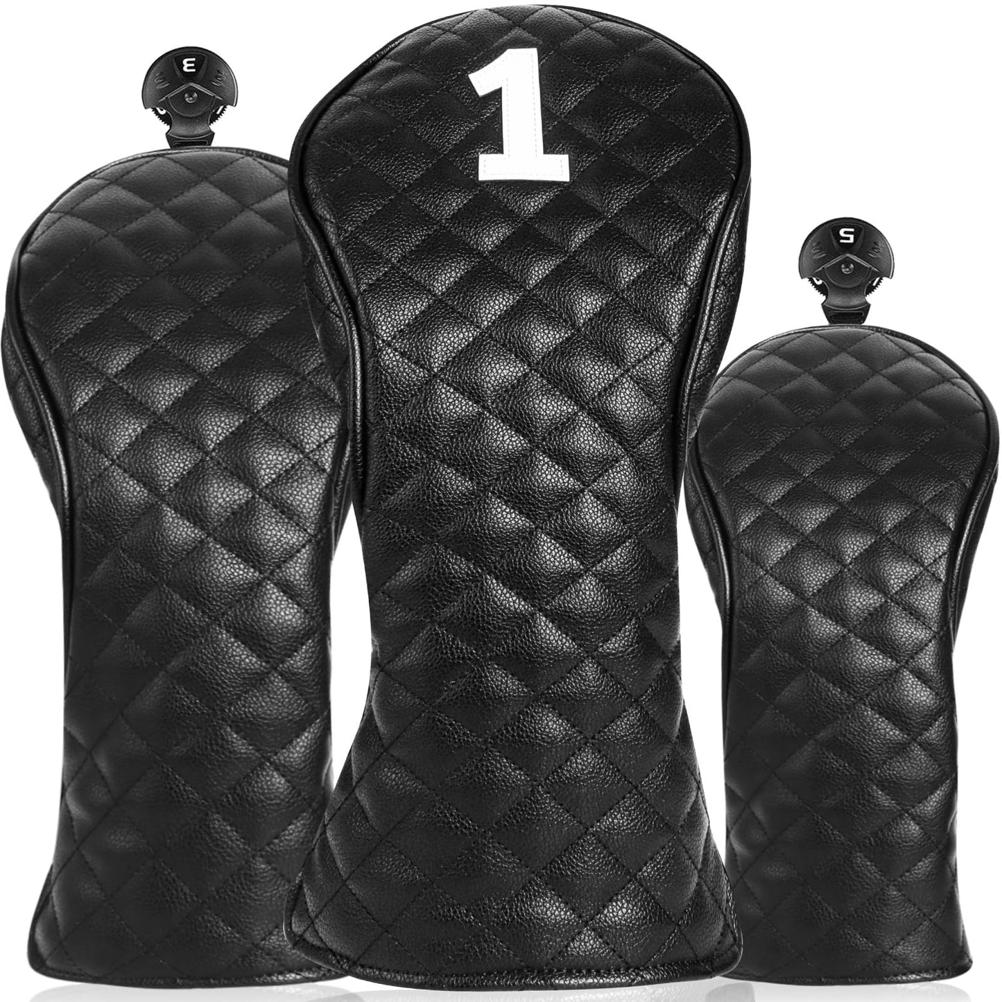 FINGER TEN Golf Club Head Covers for Woods Driver Fairway Hybrid with Interchangeable Number Tag 1 3 5 Premium Leather Headcovers for Women Men (Black, D+F+H)