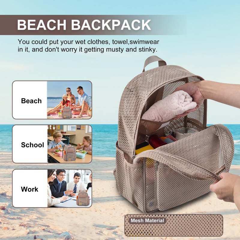 Oraben Heavy Duty Mesh Pack With Rain Cover See Through Backpack Mesh Backpack Bookbag Ideal for Class, Work, Travel, Beach Outings (Khaki)