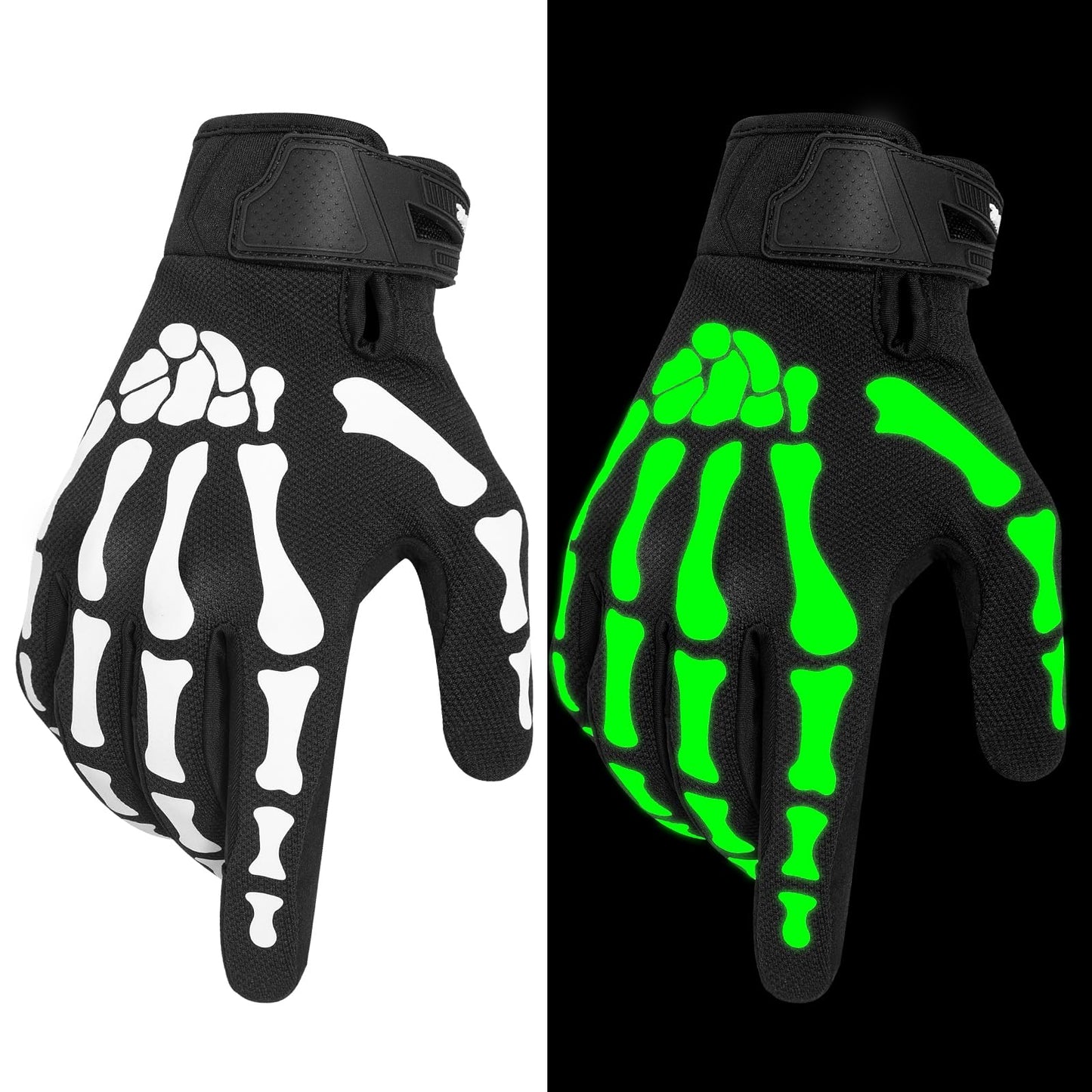 RIGWARL Motorcycle Gloves for Men and Women, Breathable Dirt Bike Gloves with Non-Slip Palm, Skeleton Motorcycle Riding Glove Glow in the Dark(White, L)