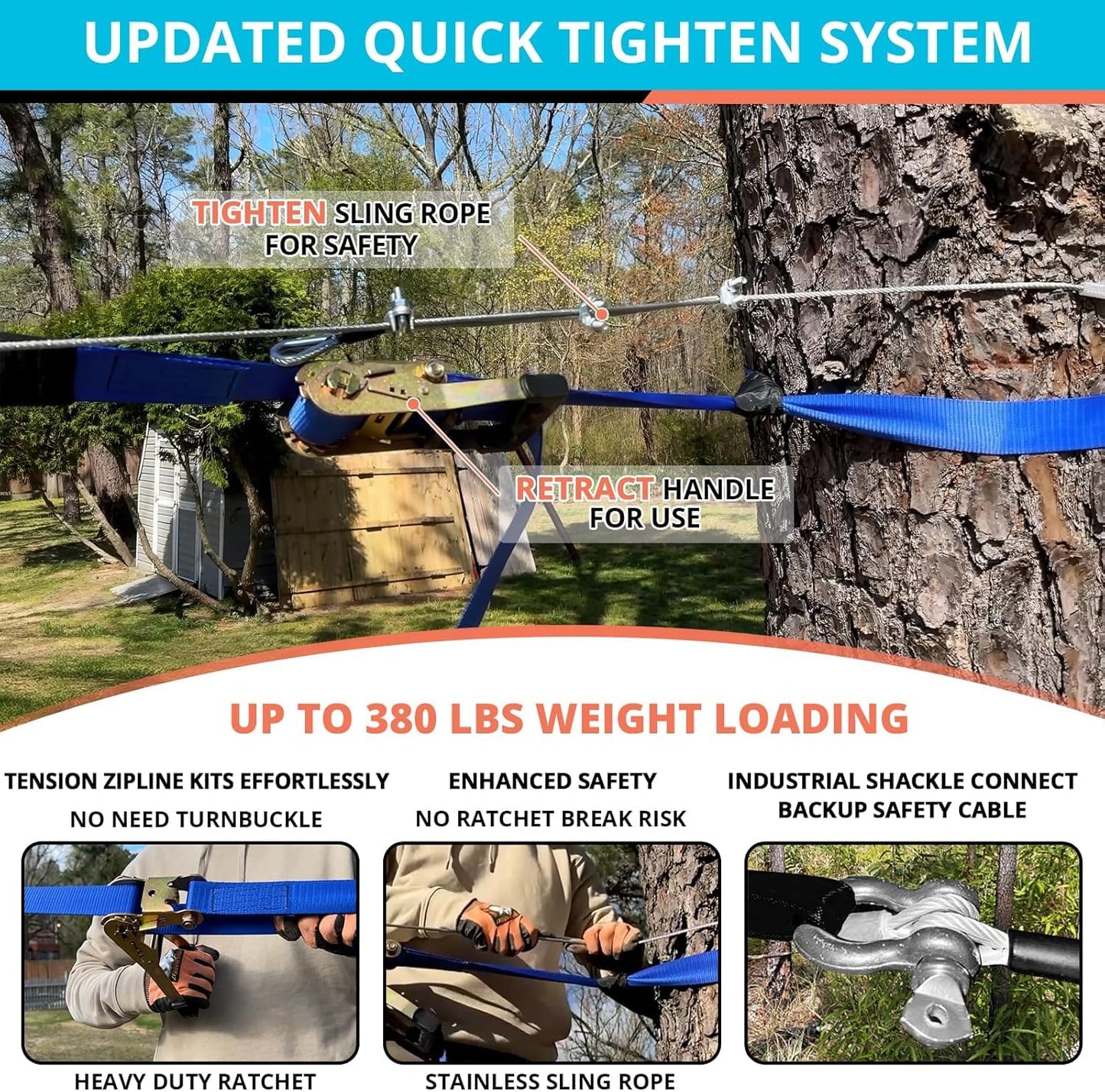 HOKINETY Zip Line Kit for Kids Adults : 100FT Up to 380Lbs - Quick Tighten Zipline for Backyard Outdoor with 100% Rust Proof Removable Trolley Seat Spring Brake