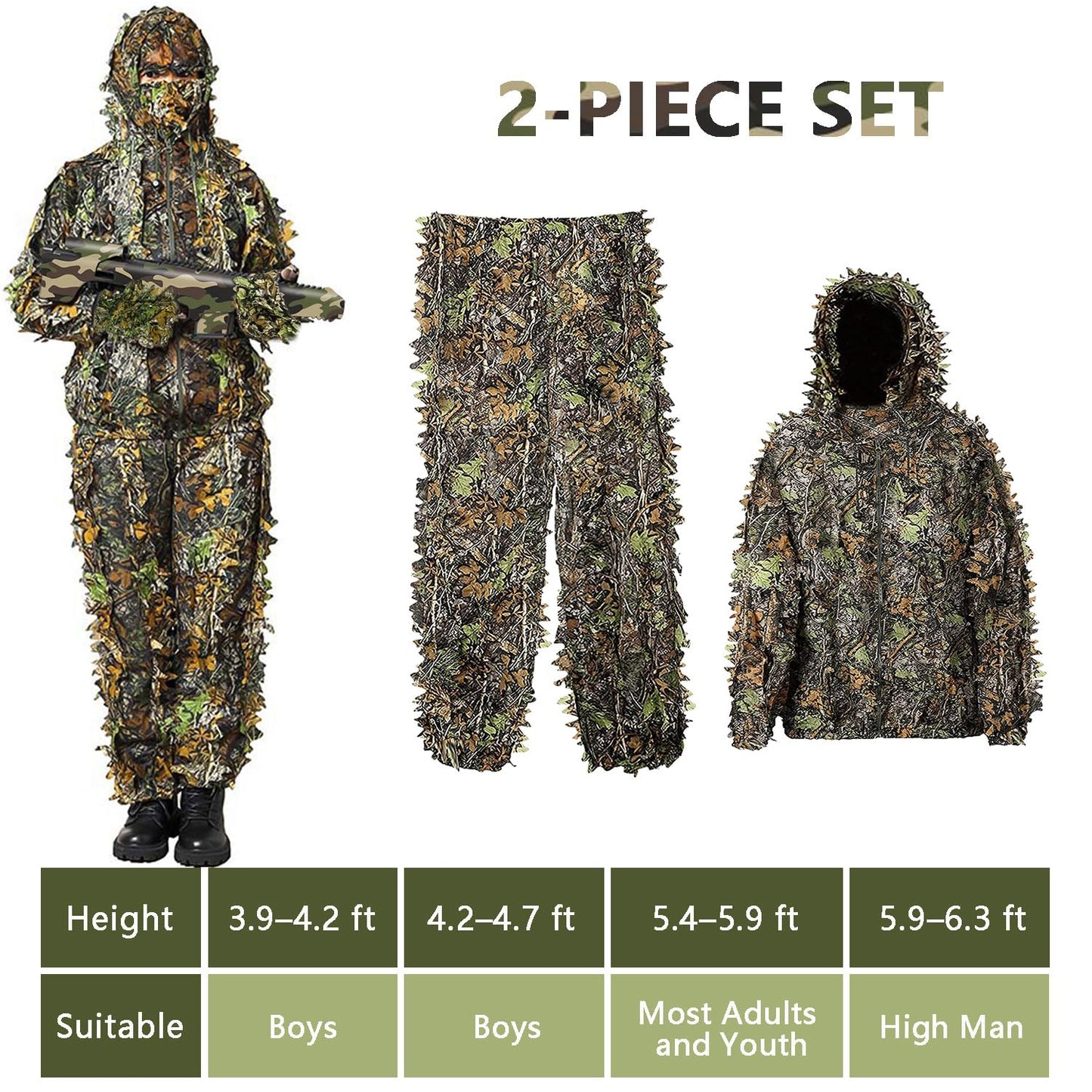 Favuit Ghillie Suit, 3D Leafy Camo Suits Hunting Camouflage Clothing Woodland Ghillie Apparel for Men Turkey Hunting Wildlife