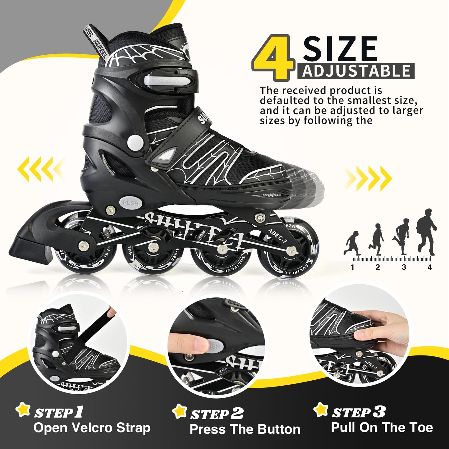 SULIFEEL Inline Skates with Blades for Kids Boys Youth Ages 6-12 8-12 5-8 with Light up Wheels 4 Sizes Adjustable Roller Skates for Beginners Indoor Outdoor Sports
