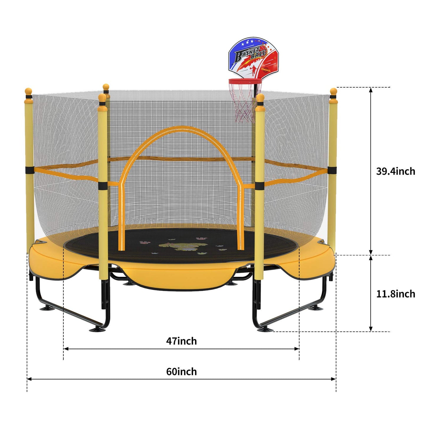 5FT Trampoline for Kids Toddler Indoor Trampoline with Safety Enclosure Net, Mini Basketball Hoop, Jumping Mat for Home Entertainment Equipment Outdoor Backyard Games (Yellow)