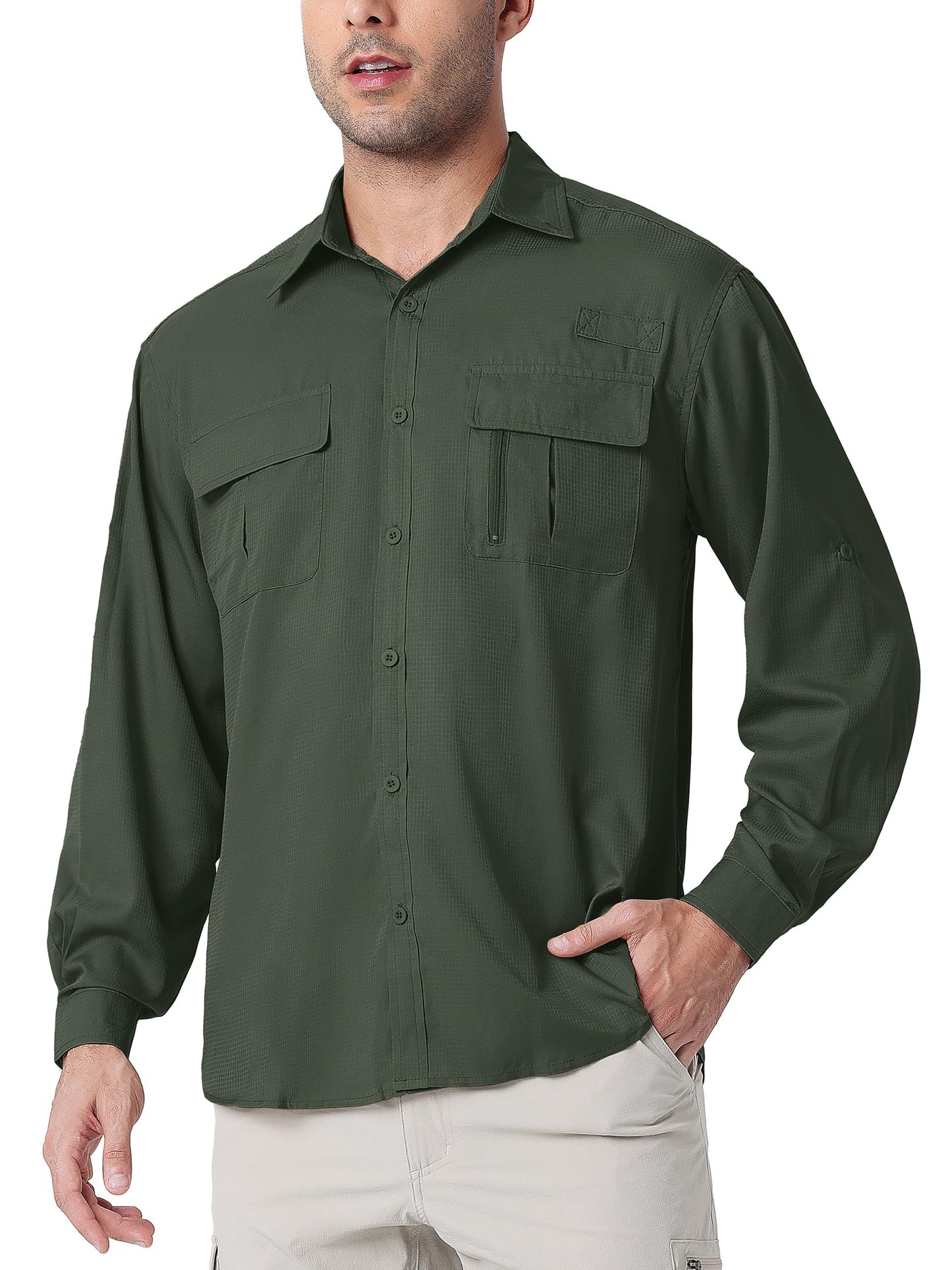 Men's Long Sleeve Sun Protection Shirts UPF 50+ UV Button Down Quick Fast Dry Cooling Fishing Breathable for Travel Safari Camping Hiking (US, Alpha, Medium, 16.5, Regular, Regular, Military Green)