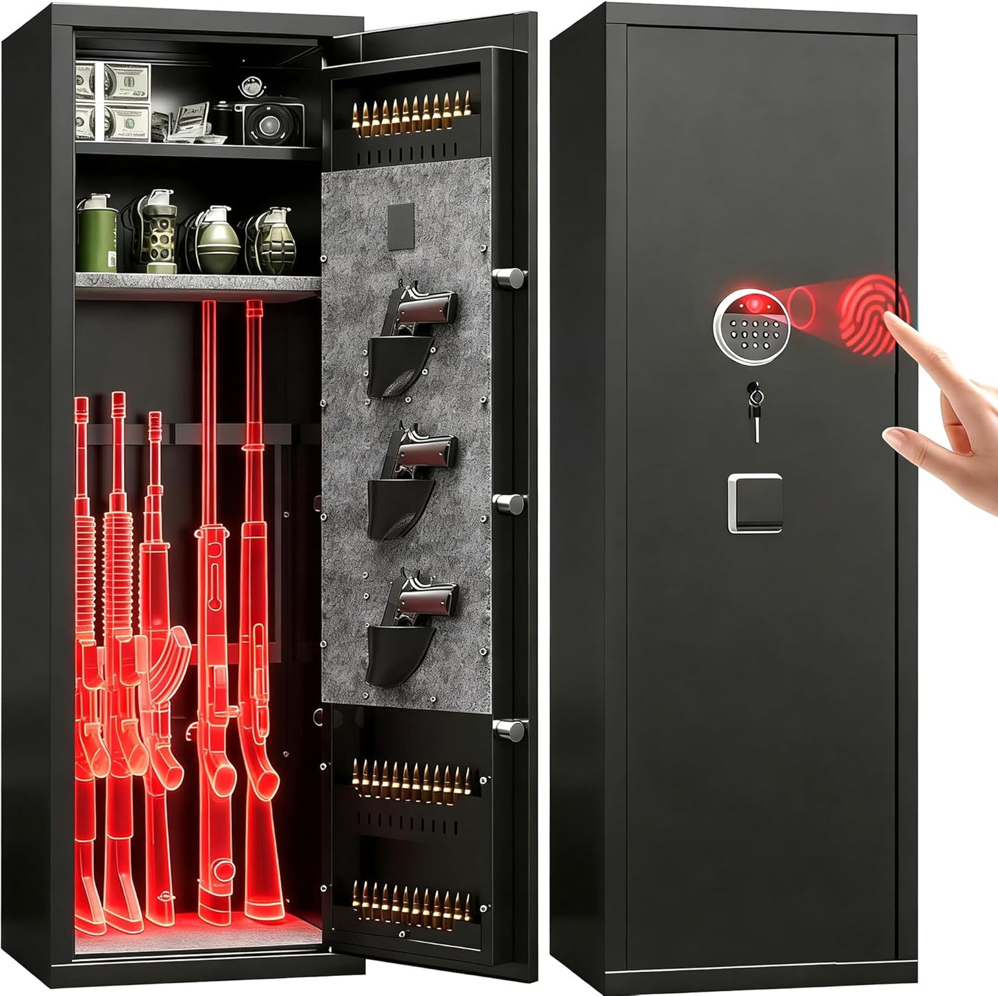 10-12 Gun Safe for Home | Fast Biometric Fingerprint Long Gun Storage - 57" High, Adjustable Shelves, Heavy Duty Black Cabinet