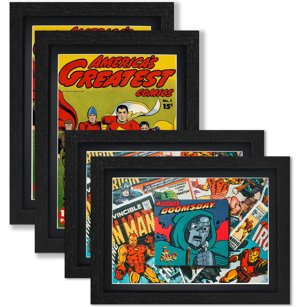 JupDec Comic Book Frame, Premium Wood Display Case for 6 11/16" × 10 3/16" Comic, Wall Mount or Tabletop Stand, Layered Design with Positioning Mat, Perfect for Home Decor, 4 Pack, Black