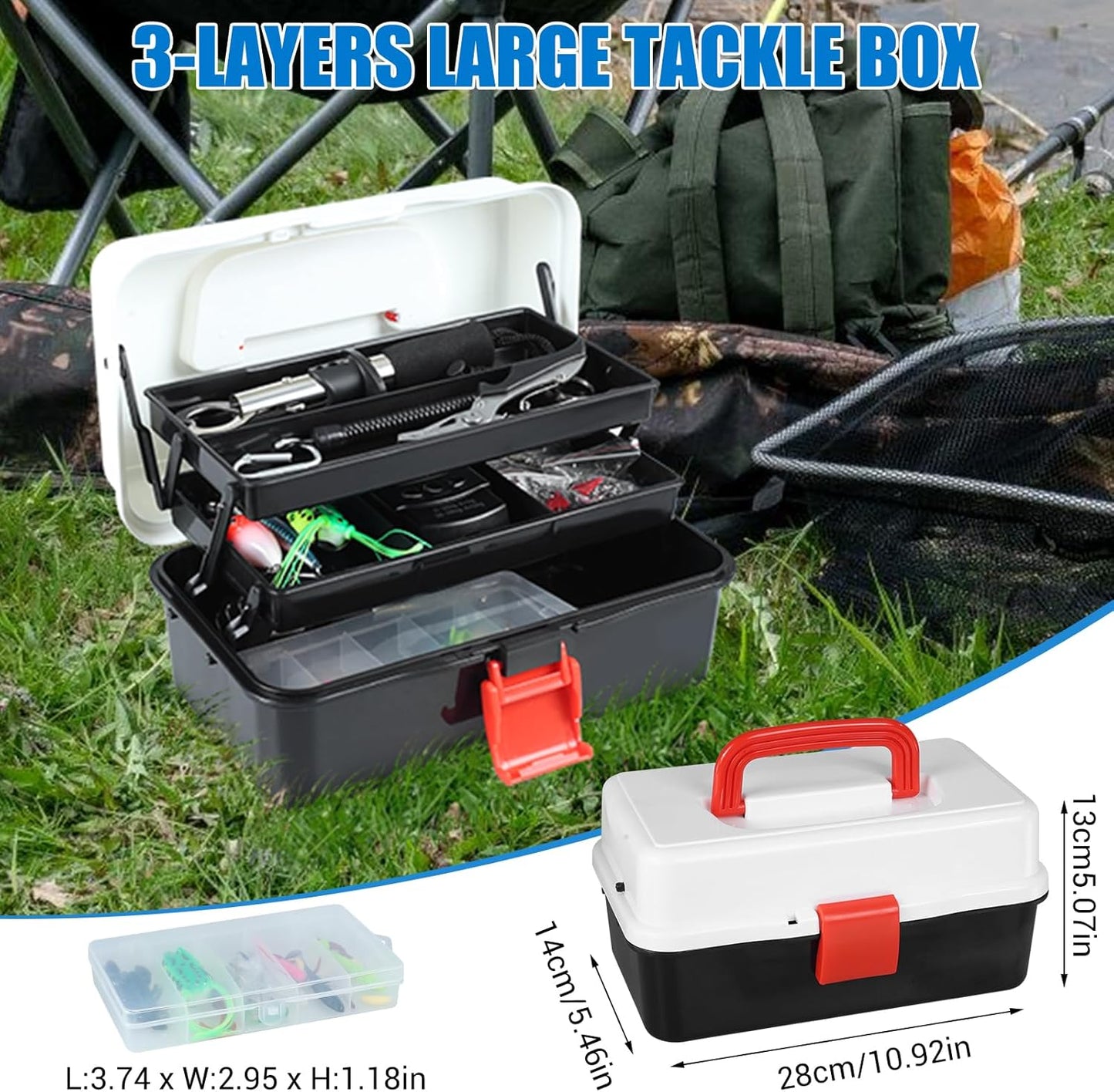 Fishing Tackle Box - 3 Layers with 213 Pcs Fishing Lures Kit & Essential Tools | Perfect for Beginners & Kids