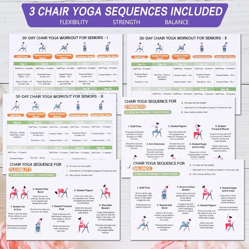 Chair Yoga for Seniors Over 60 - 30-Day Gentle Seated Yoga Guide | Weight Loss & Flexibility Chart (Purple)