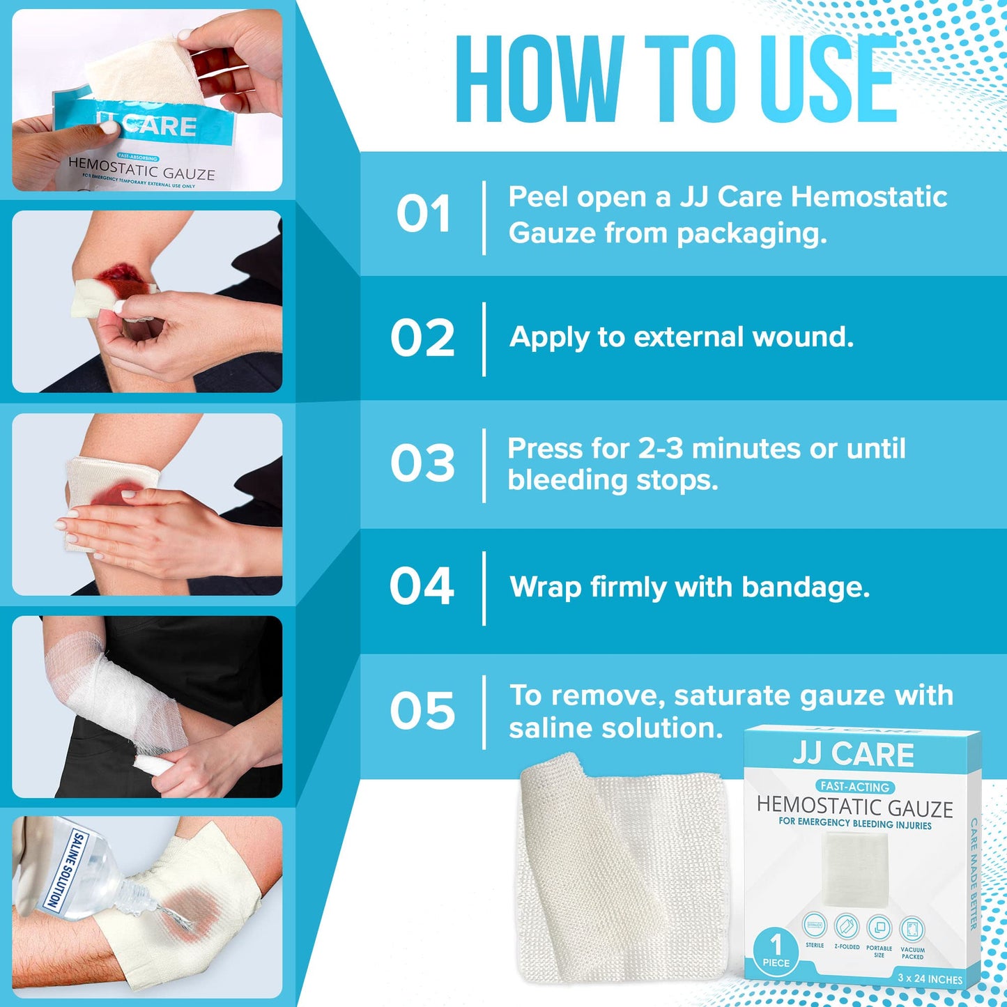 JJ CARE Z Folded Hemostatic Gauze (Pack of 1), 3"x24" Quick Clotting Combat Gauze Hemostatic Dressing for Emergency Trauma, Immediate Hemostasis Clotting Gauze for Camping Essentials & Emergency Kits