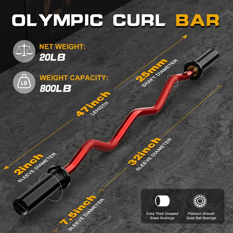 Olympic EZ Curl Barbell Bar 47",Mute Bearings - 2" Curl Bar for Weight Lifting, Hip Thrusts,Biceps,Squat-Home Gym Weight Bar-Chrome Curling Strength Training, 2Pcs Collars(800lbs Weight Capacity) (Red)