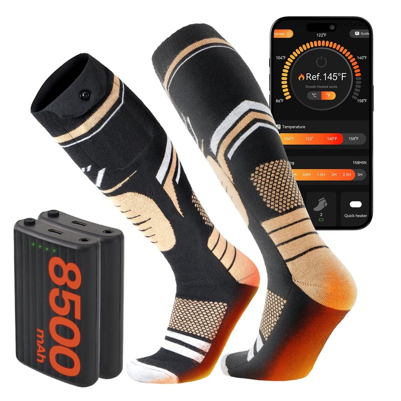 SURGOAL Merino Wool Heated Socks, 15-Hour Runtime & 145°F Heating, 8500mAh Rechargeable Electric Battery Operated Ski Socks with APP-Controlled for Men Women, Hunting, Camping, Winter (Khaki,XL)