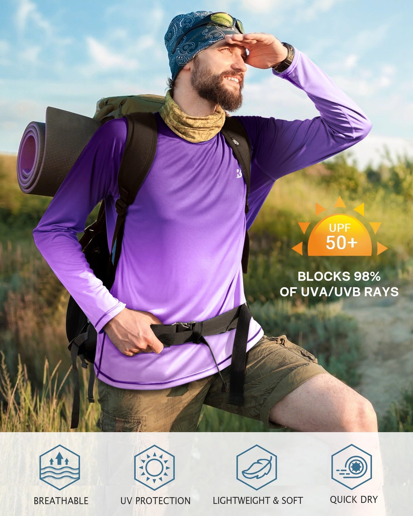 Roadbox Mens UPF 50+ Long Sleeve SPF Diving Rash Guard UV Sun Protection Shirts for Outdoor Fishing Hiking Swimming Running