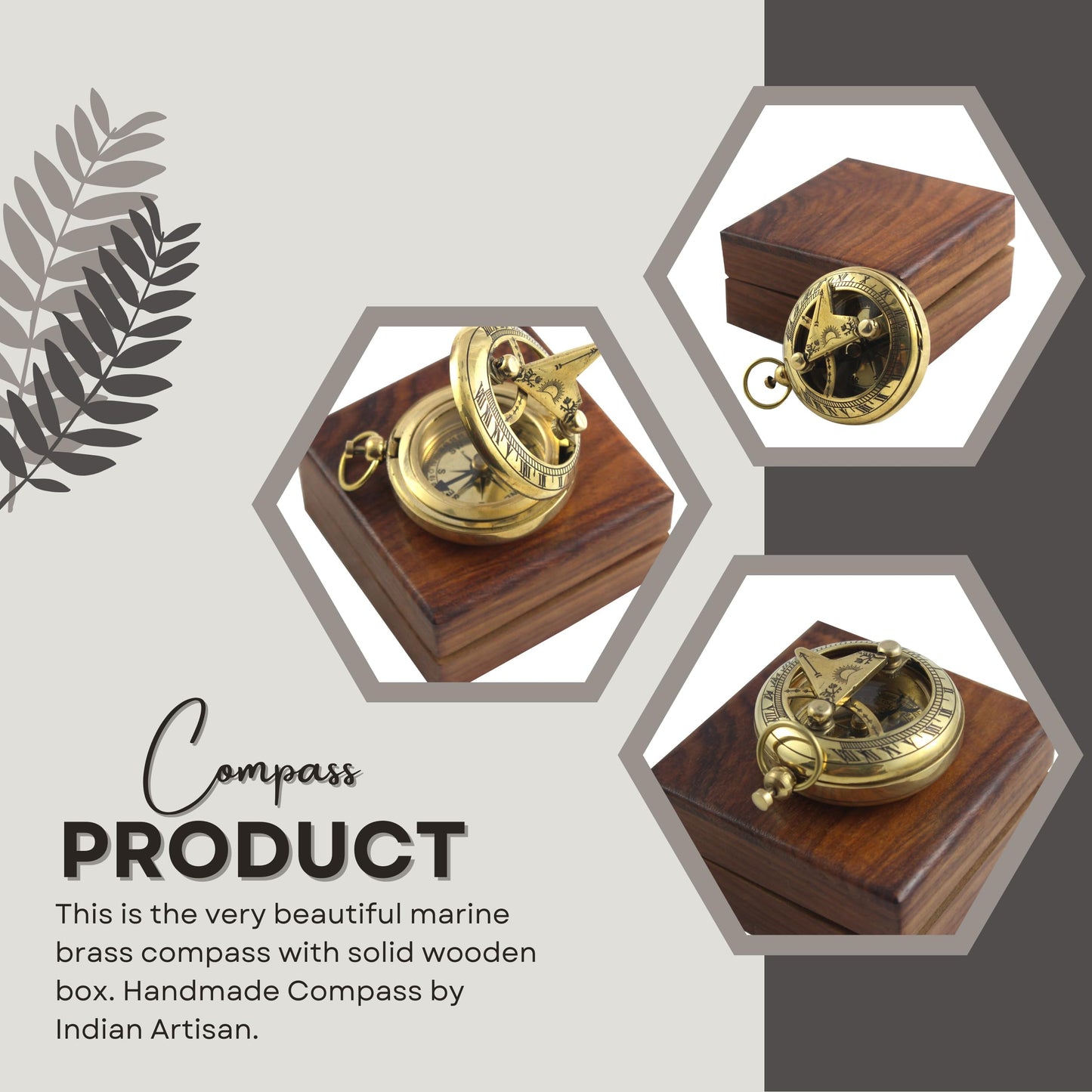 Marine Sundial Compass with Antique Nautical Solid Pocket Compass in Box Vintage Polish with Brass Finish Navigate Device Collection
