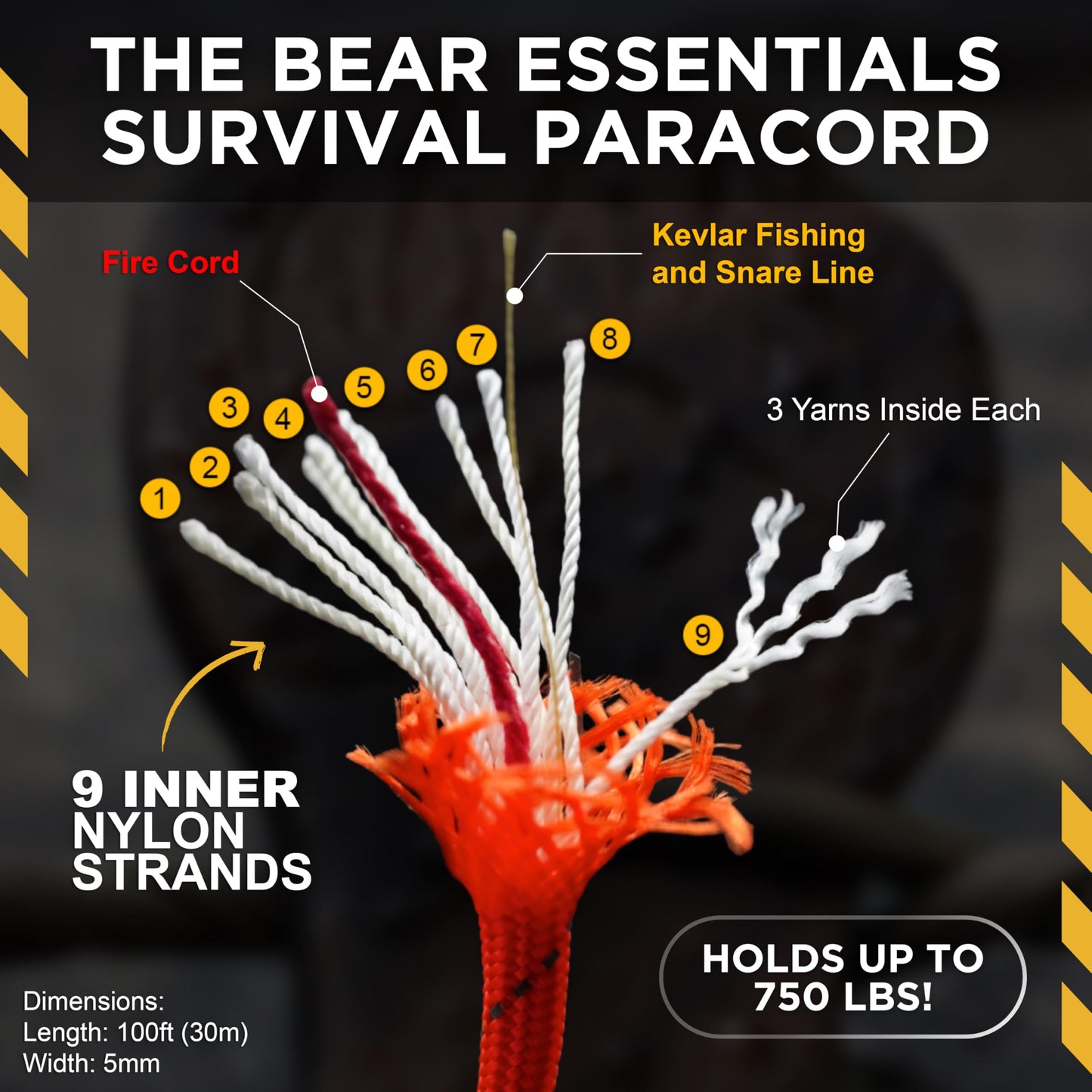 Bear Essentials 750LBS - Premium Reflective Survival Paracord - with Firecord & Kevlar Fishing/Snare Line Inside - High Tenacity Polyester Sheath - Reflective Orange - (100 FT Hank)