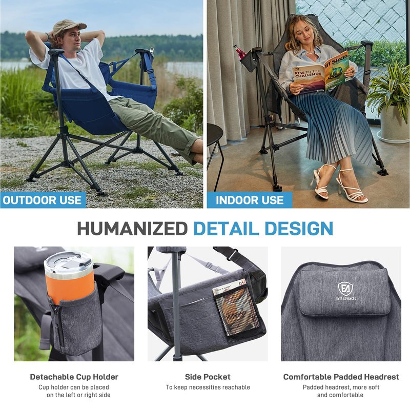EVER ADVANCED Padded Hammock Camping Chair, Oversized Heavy Duty Swing Chair with Detachable Cup Holder, Portable Folding Rocking Camping Chair, Support Up to 400lbs, Grey