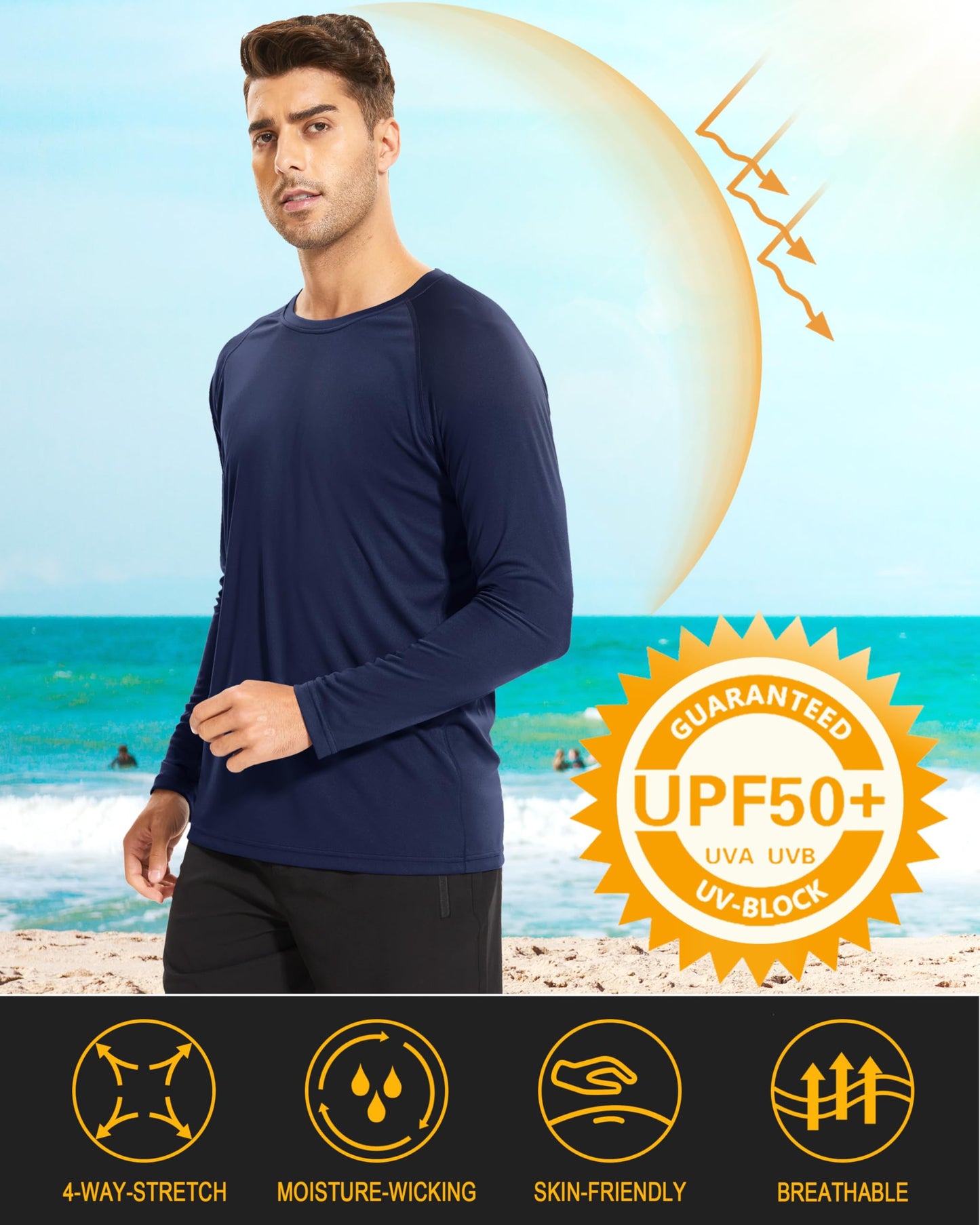 MAGCOMSEN Rash Guard Long Sleeve Fishing Shirts for Men Sun Protection Clothing Dry Fit UPF 50+ UV Protection Athletic Shirts Navy