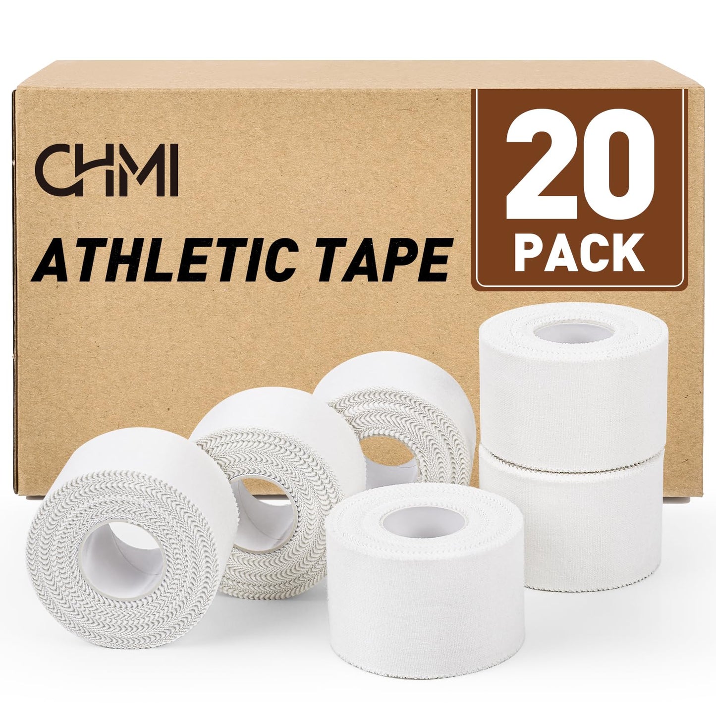CHMI Athletic Tape,White Sports Tape (20 Pack), 200 Yards Rolls Very Strong Easy Tear NO Sticky Residue Best Tape for Gymnastics Climbing Bat Injuries Medical (1.5 Inch X 200 Yards).