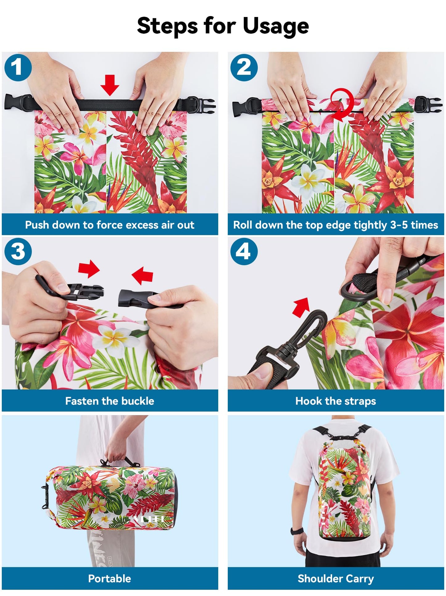 HEETA Waterproof Dry Bag for Women Men, Roll Top Lightweight Dry Storage Bag Backpack with Emergency Whistle for Travel, Kayaking, Boating, Camping, Beach, Cruise Ship Essentials (Flower, 20L)