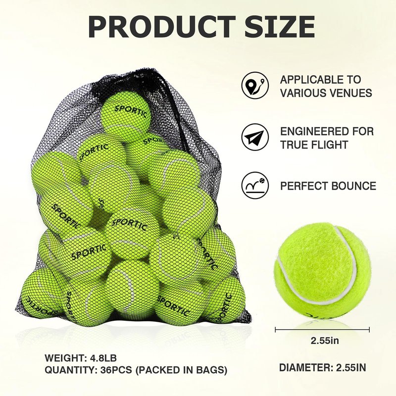 SPORTIC Tennis Balls, High Bounce Practice Tennis Balls with Mesh Bag for Easy Transport, Pet Dog Playing Balls,Duty Felt Pressurized Tennis Ball for Beginner Training (36pcs)