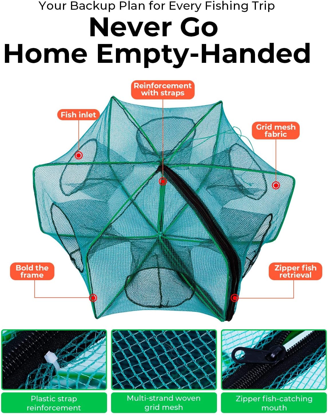 Collapsible Crab Trap - 3 Pack Hexagon Crawfish & Bait Net | 12"x21" with 1" Entry Holes, Portable Galvanized Steel