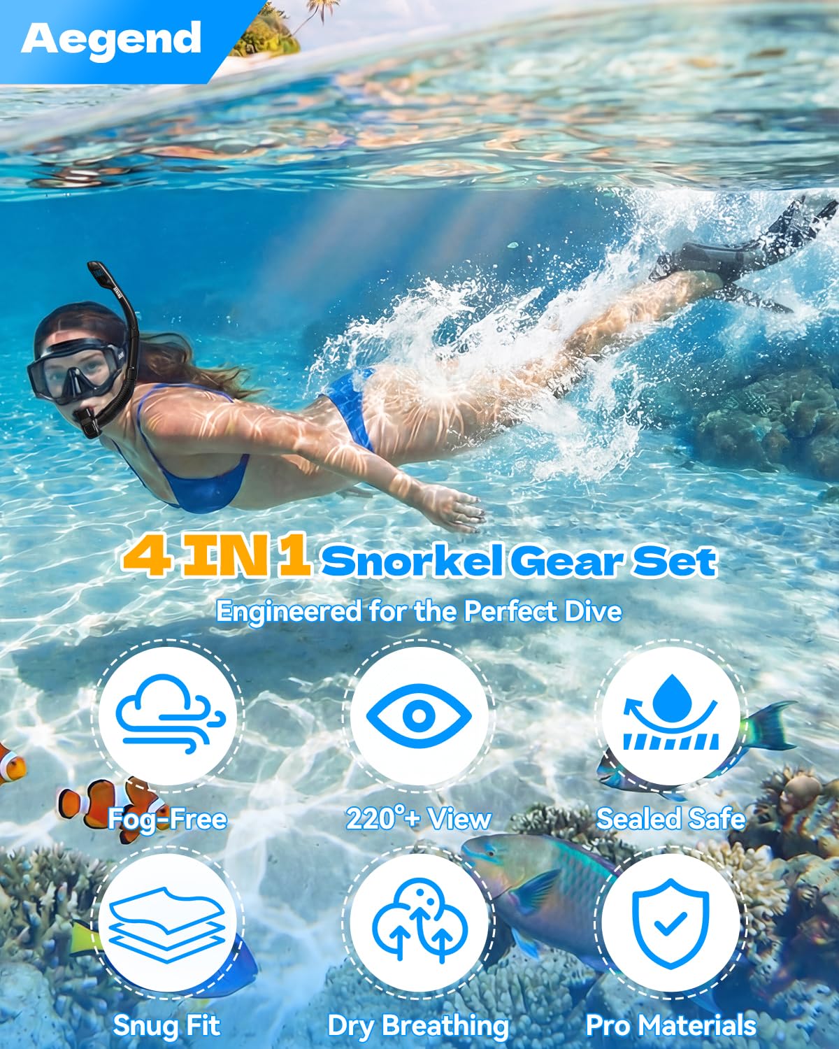 Aegend Snorkeling Gear for Adults Men Women: Anti-Fog Panoramic Mask Set, Adjustable Fins & Dry Top Snorkel – All-in-One Travel Snorkel Set for Swimming, Diving & Snorkeling (Dark Black, S/M)