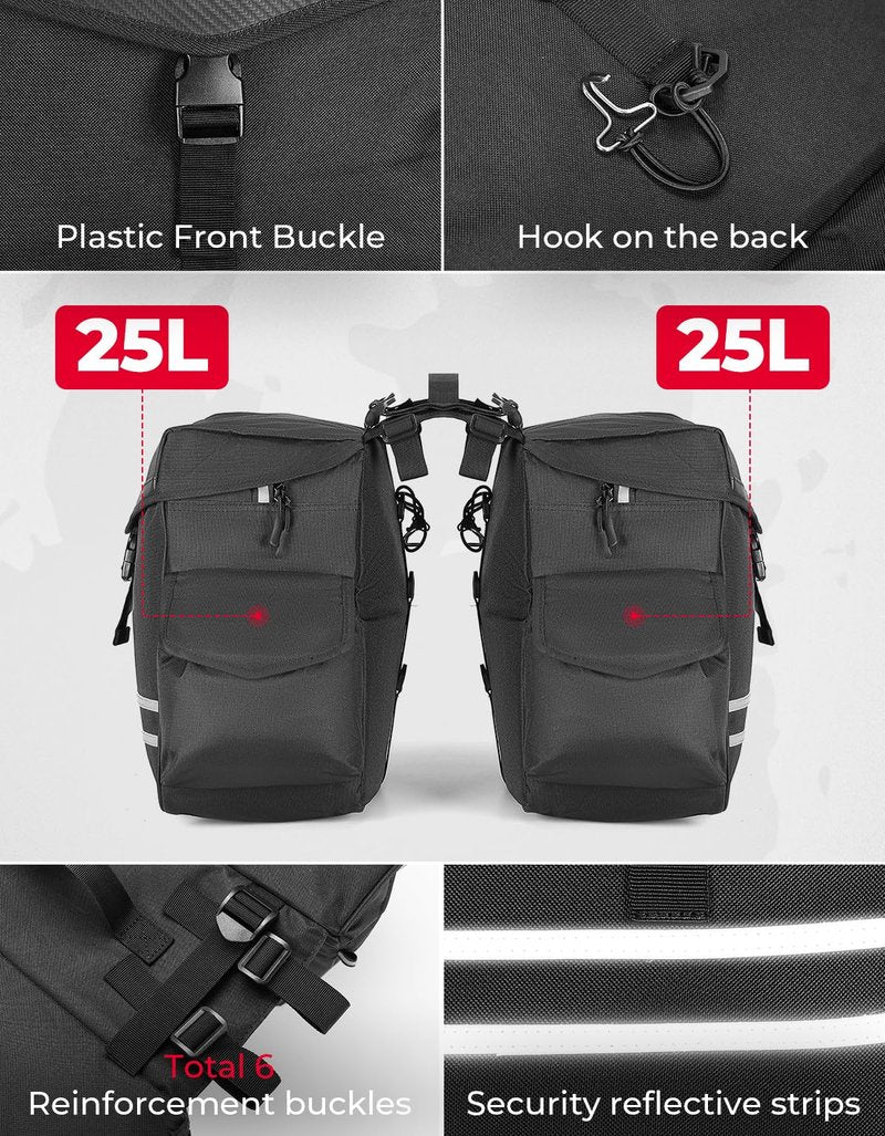 KEMIMOTO Panniers Bike Bags, 40L/50L Bicycle Saddle Bags with Waterproof Rain Cover for Rear Rack, Large Capacity Saddlebags for Ebike, Top Storage & Flip-Top Design, Reflective Strip, Black