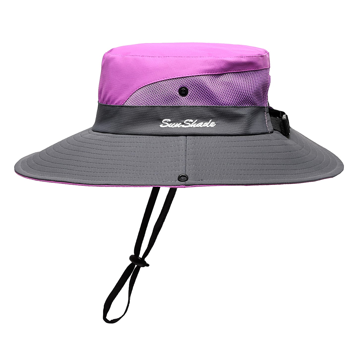 Womens Summer Sun Hat Beach Hat Wide Brim Outdoor UV Protection Hat Foldable Cool Mesh Ponytail Bucket Hat (Purple-Gray)