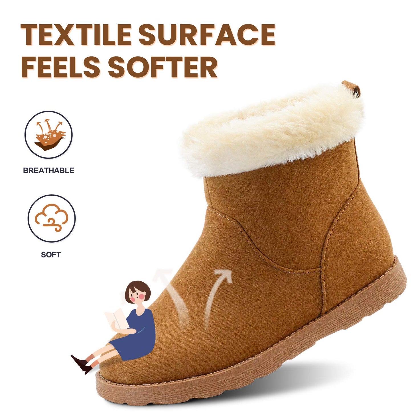 Girls Boots Warm Ankle Winter Boots Kids Soft Plush Lining Fur Collar with Zipper Snow Bootie Indoor Outdoor Shoes for Girls Big Kid 3 US Brown