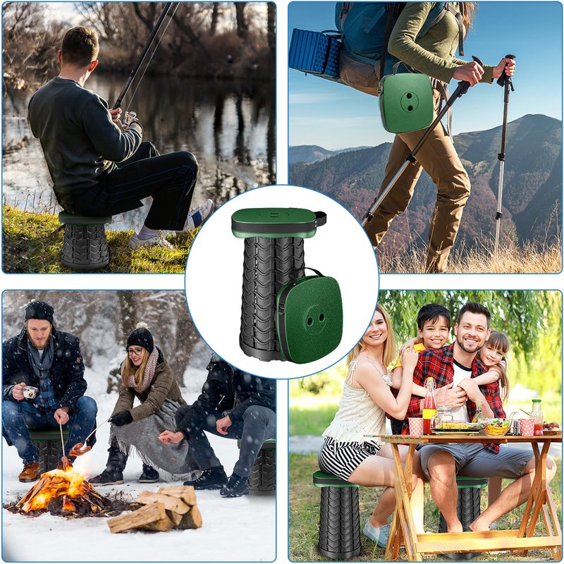 aboutool Folding Camping Stool, Square Collapsible Portable Stool with Elastic Seat Cushion& Adjustable Nylon Bag, Sturdy Lightweight Telescoping Foldable,Max Load 485lb (Green)