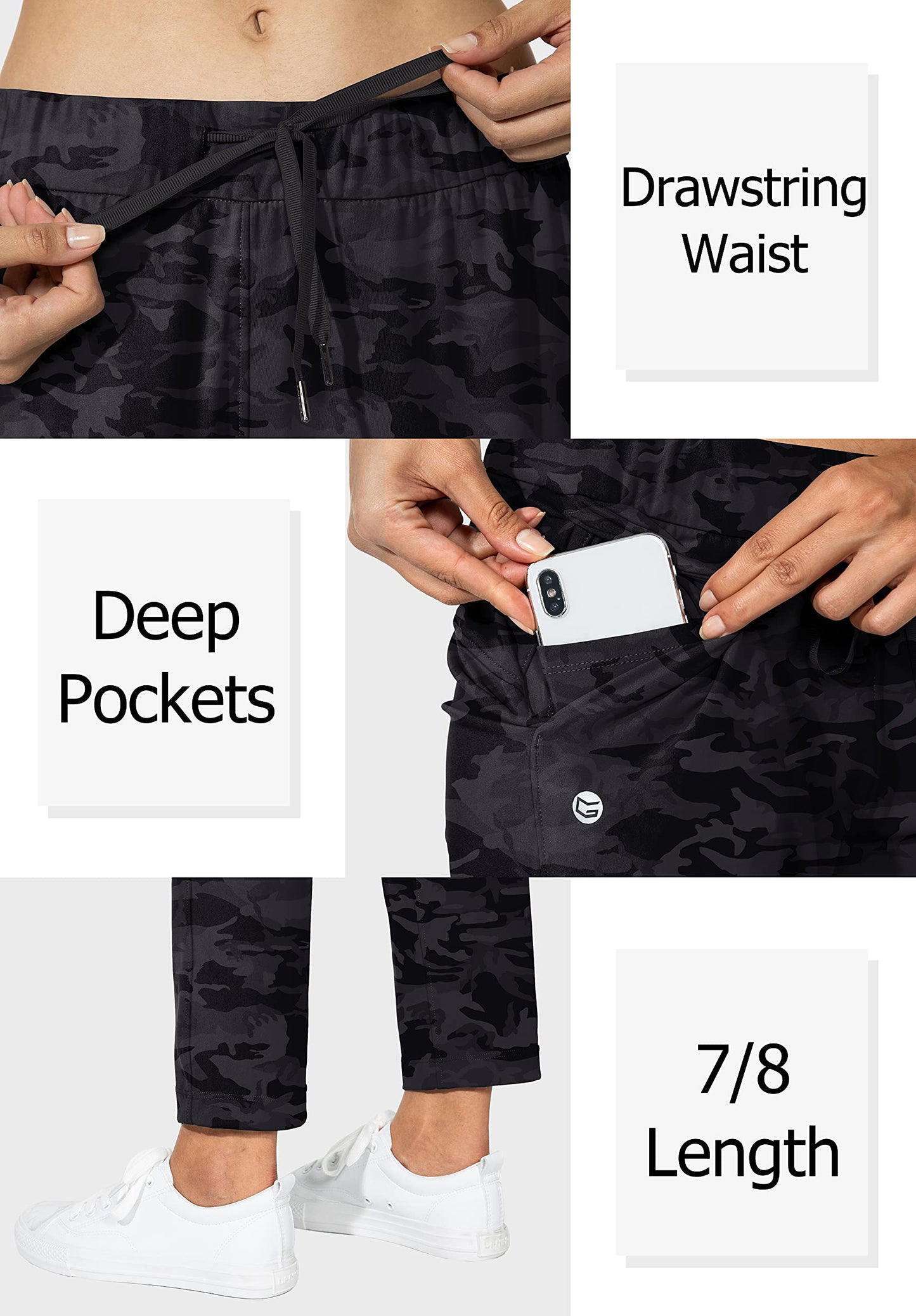 G Gradual Women's Pants with Deep Pockets 7/8 Stretch Sweatpants for Women Athletic, Golf, Lounge, Work (Black Camo, Small)