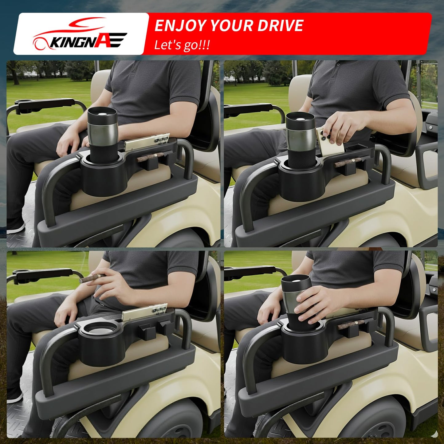 Kingna Golf Cart Armrest Equipped with Cigar Rest Cup Holder Phone Holder Universal Fit for EZGO/Club Car/Yamaha and More, Fit 1.0" or 1-1/4" Square Tube Frame (A Tasteful Addition to Your Ride)
