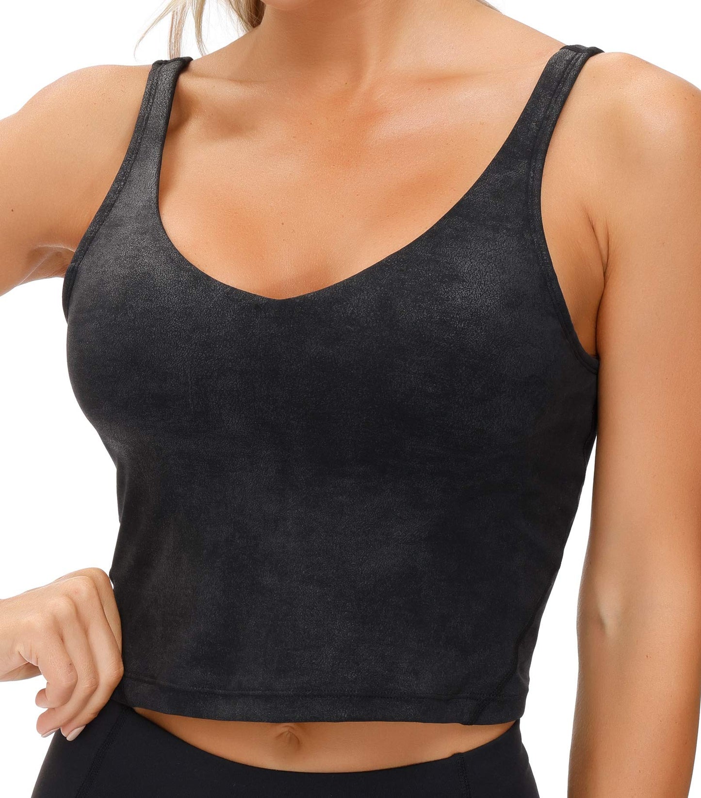 THE GYM PEOPLE Women’s Longline Sports Bra Wirefree Padded Medium Support Yoga Bras Gym Running Workout Tank Tops (Faux Leather Coated, Small)