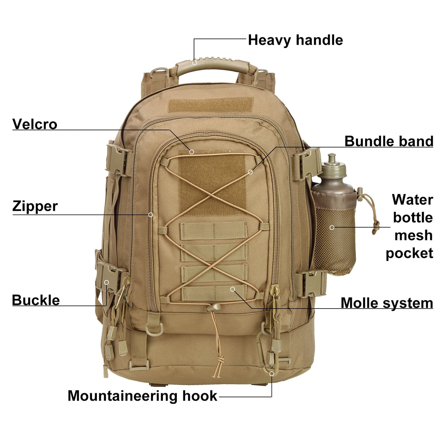 ZSearARMY Large Tactical Backpack for Men Military Backpack with DIY System for Travel, Work,Camping,Hunting,Hiking,Sports (TAN)