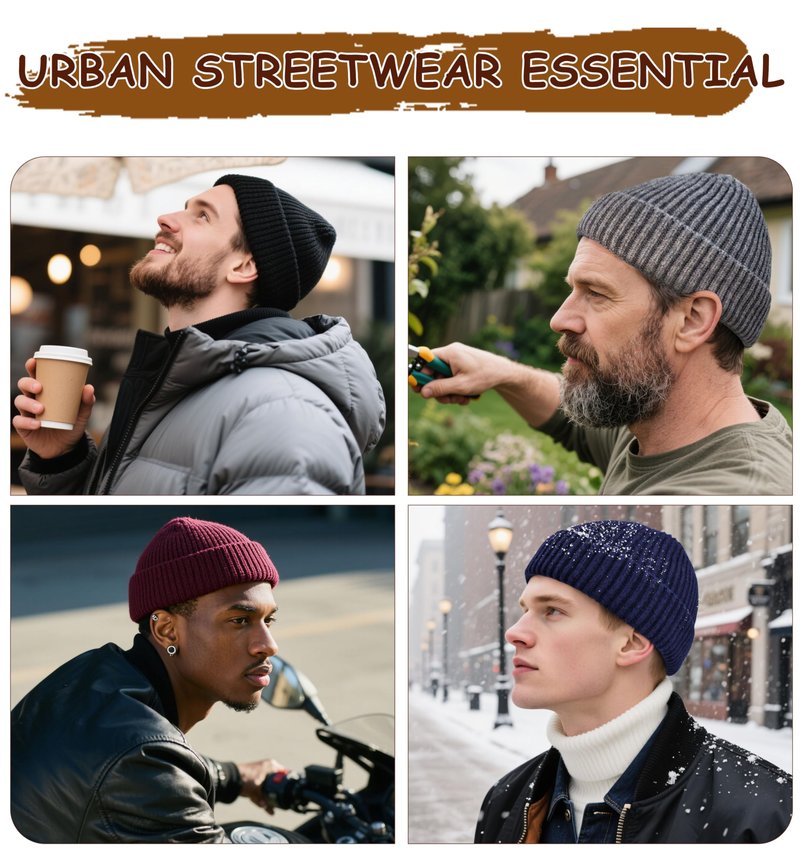 Simapu Wool Fisherman Beanies for Men Women, Short Knit Fall Winter Warm Beanie, Watch Cap, Cuffed Trawler Hats, Skull Caps Black