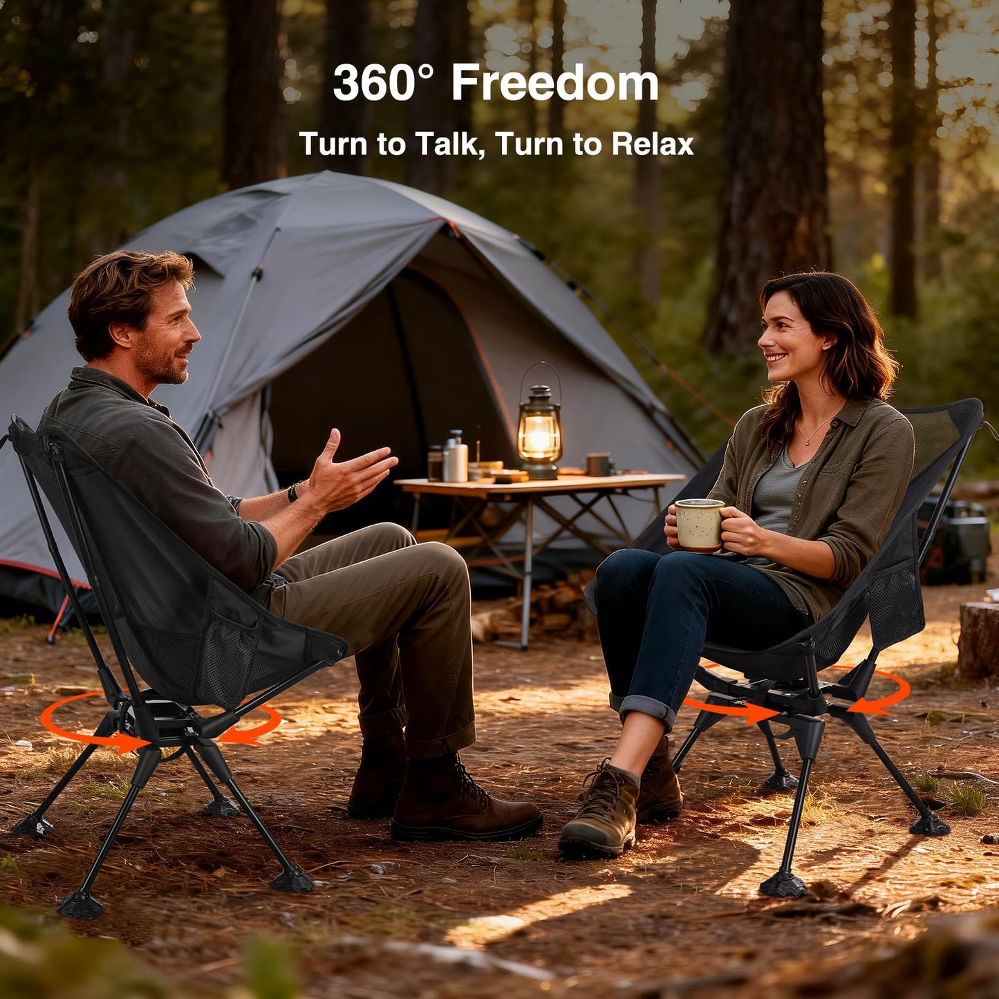 Trakiom 360° Swivel Folding Camping Chairs, Compact and Portable Chair for Outdoor Camp, Foldable Chairs with Anti-Sinking Large Feet for Travel, Beach, Picnic, Sports, Fishing Support 300 LBS(Black)