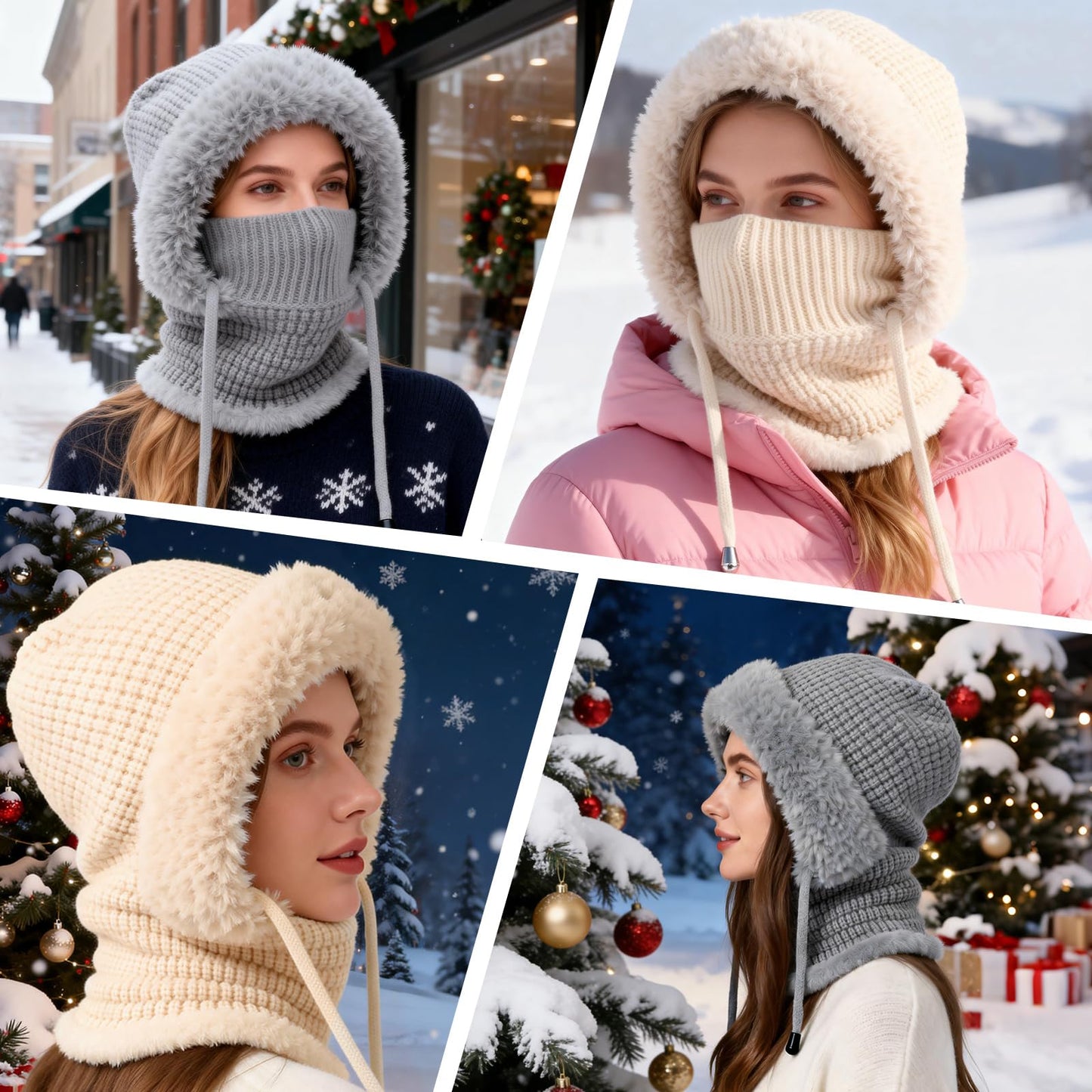 3 in 1 Beanie Hat for Women, Womens Balaclava Winter, Upgraded 3-in-1 Cold Knitted Hats Wind Resistant Hooded Scarf(Gray)