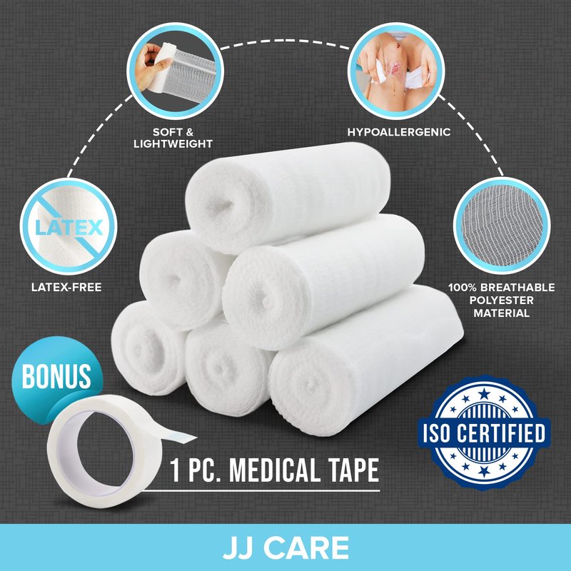 JJ CARE Gauze Rolls Pack of 24, Individually Wrapped Gauze Bandage Roll, with Bonus Medical Tape, 4 inches x 4.1 Yards Rolled Gauzes