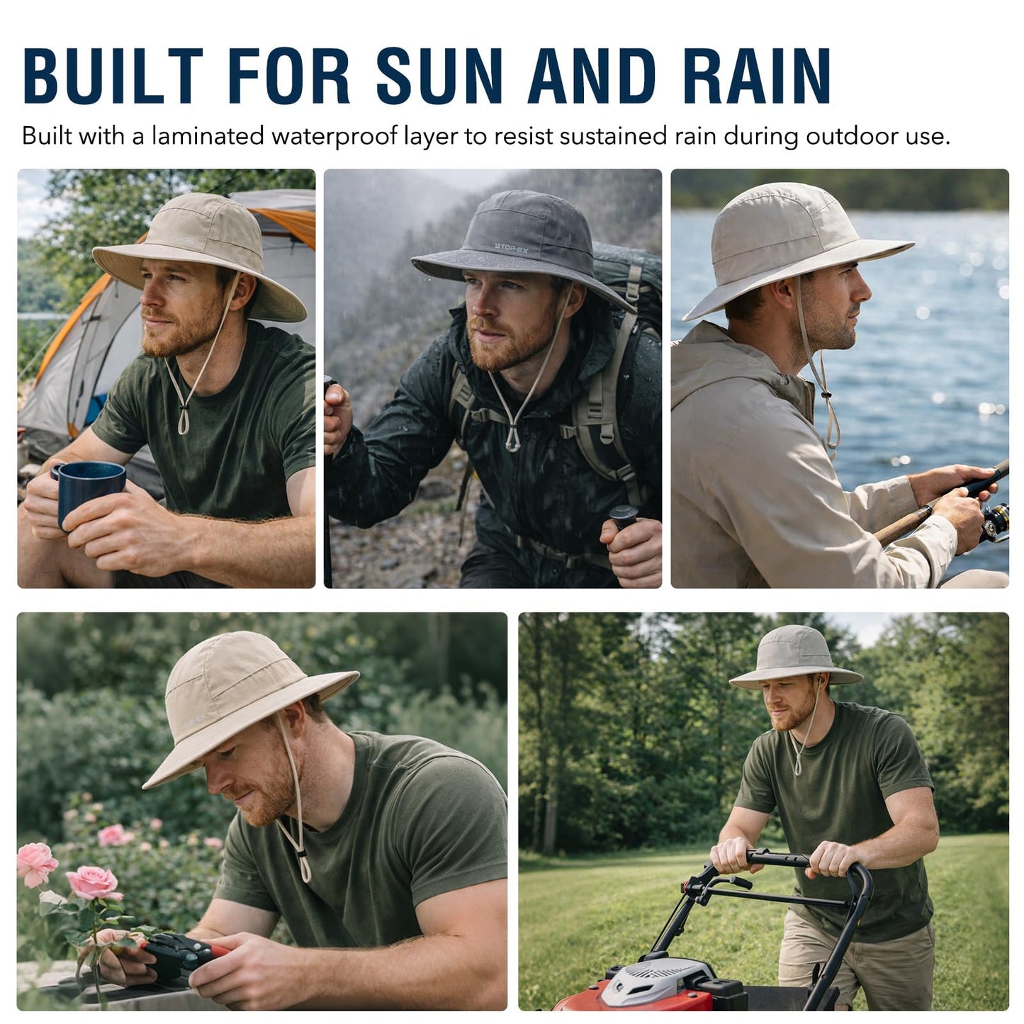 TOP-EX Waterproof Mens Sun Hat Wide Brim UPF 50+ Bucket Hat for Women Sun Protection Boonie Outdoor Hiking Safari Pakcable Foldable Beige Medium