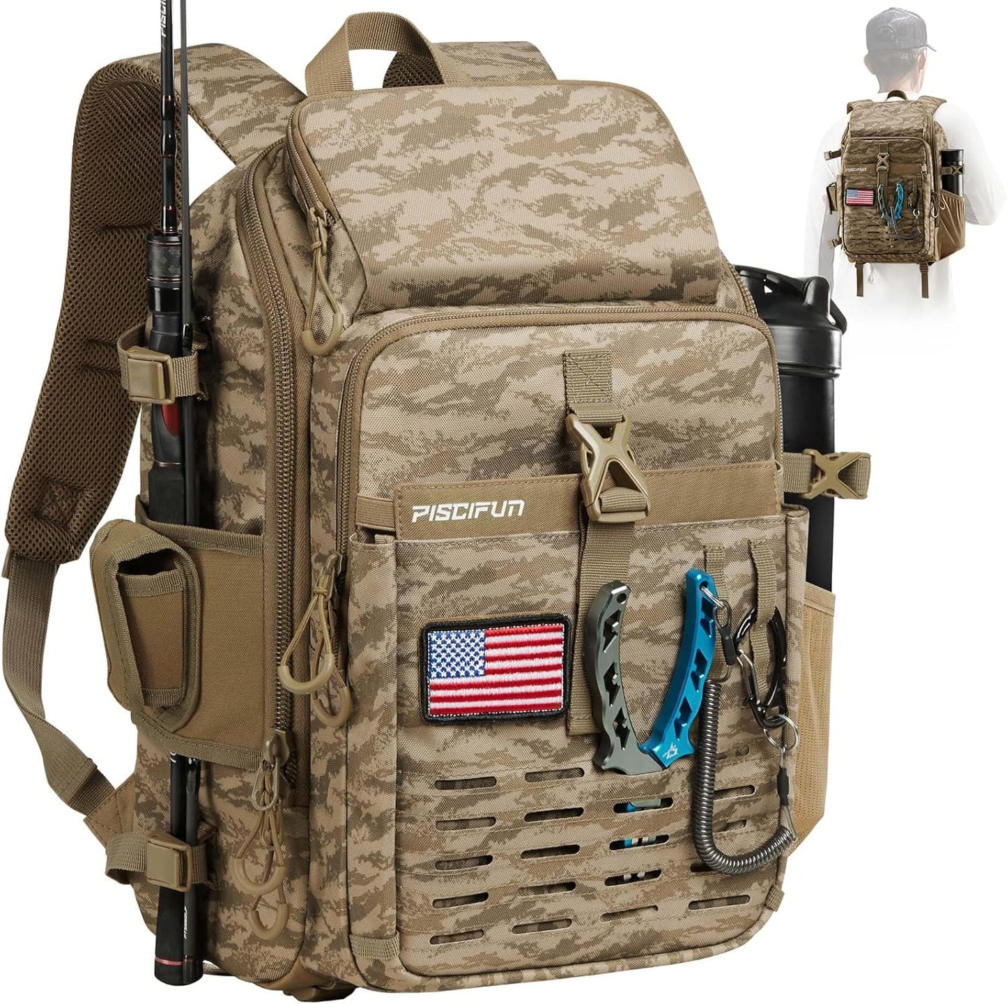 Piscifun Fishing Tackle Backpack - Lightweight Storage Bag with Rod Holder & Rain Cover | Durable & Spacious Design
